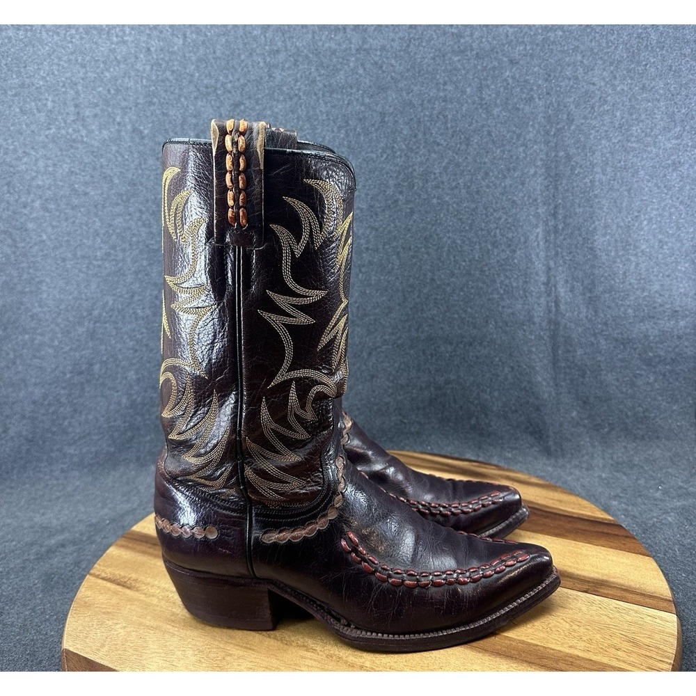 Vtg Dan Post Made In Spain 2X Burgundy Leather Ribbon Cowboy Boots Mens 8D 6997